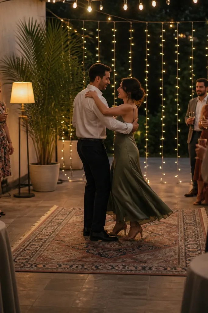 A compact dance floor area on a patio. A patterned rug sits centered with a clear walkway around it. Two lighting sources are visible: a standing floor lamp with warm bulb and a string light curtain behind. Guests stand close but there's space between tables and the rug.