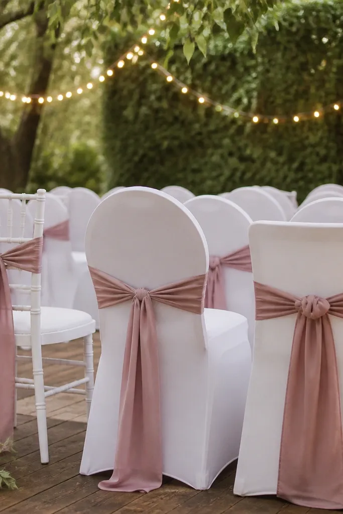 A ceremony seating area with slightly different chair styles, all tied with the same ribbon color. The chairs have white covers or clean fabric, and the ribbon is a dusty rose. Behind, there's a simple greenery backdrop and soft string lights.