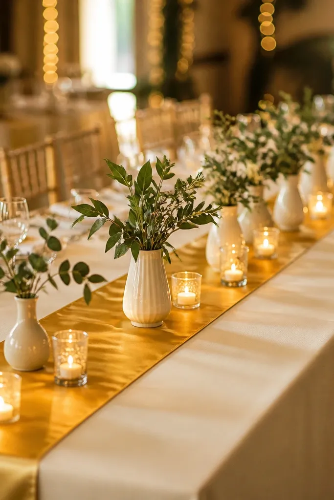A reception table with a neutral ivory cloth. A lemon-gold satin or matte runner sits lengthwise down the center. Small white bud vases and greenery are placed along the runner. Warm candlelight and string lights reflect off the runner.