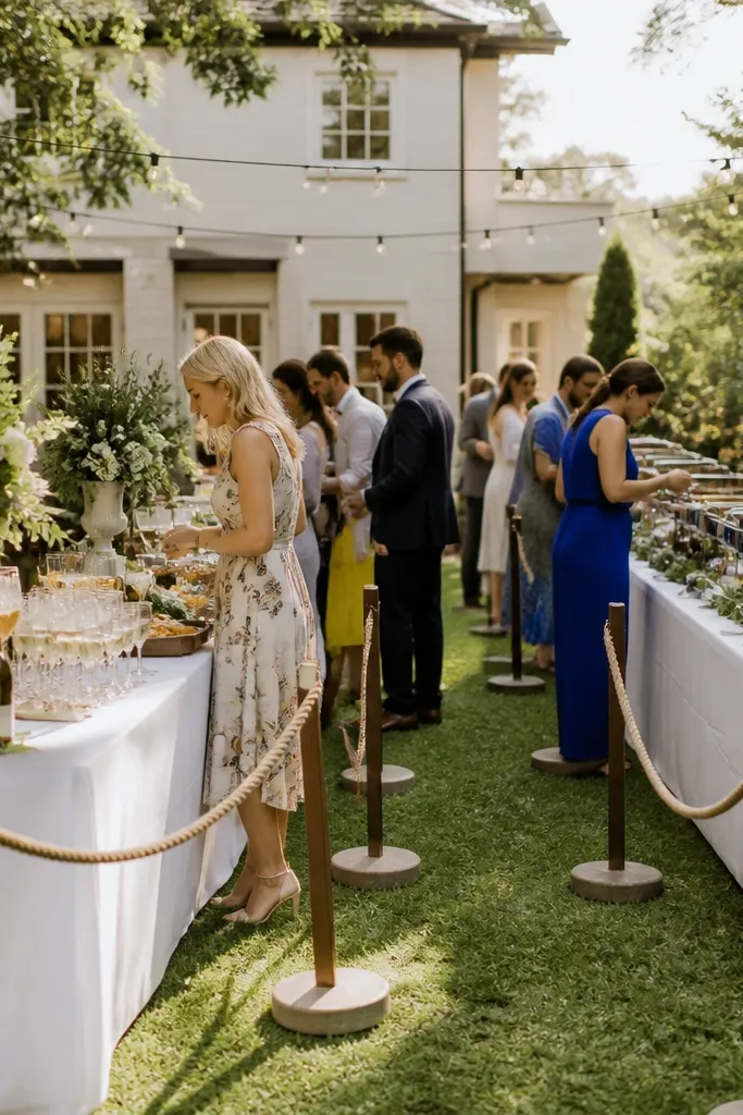 A backyard reception buffet set up with two buffet tables arranged in a one-way path. Guests move from drinks to appetizers to mains. There are clear stanchions or simple rope lines separating the serving area. The tables have white linens and small greenery signs.
