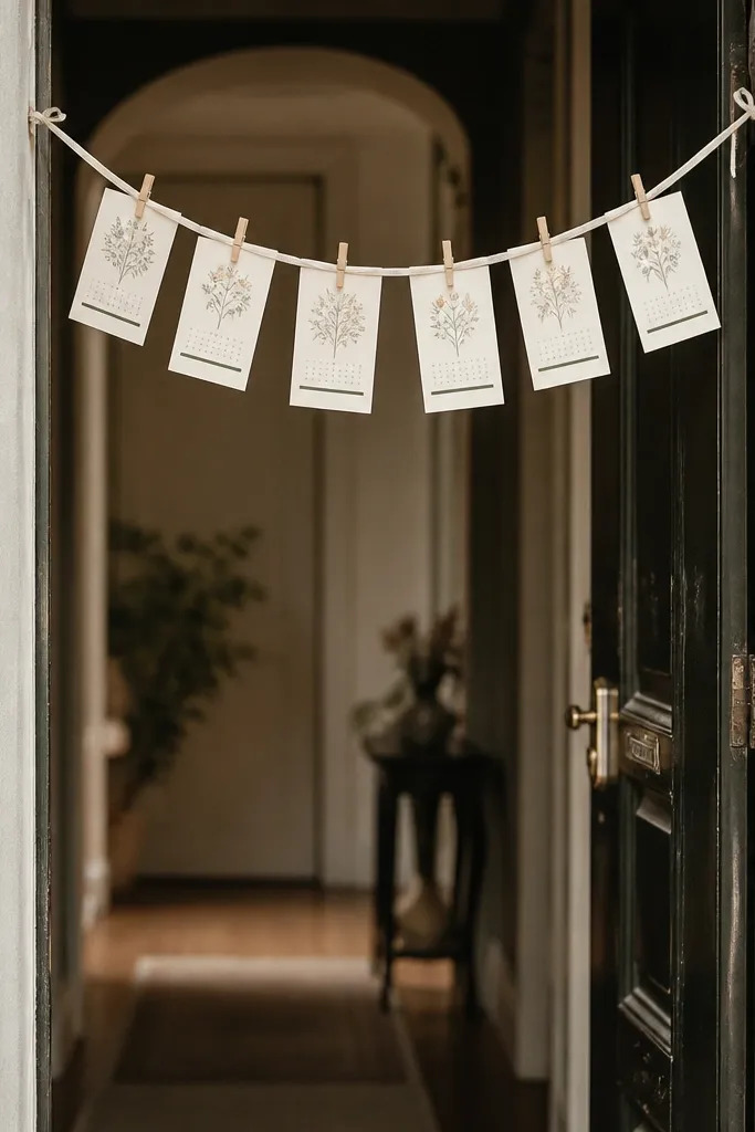 A narrow apartment front door with a thin banner strung across the inside frame. Small rectangular save-the-date cards hang from the banner using mini clothespins, each card in the same cream stock with a dark green date line.