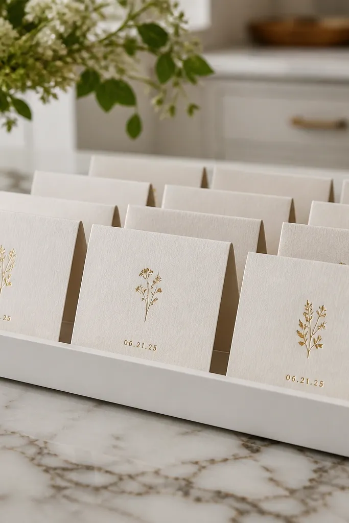 A shallow white tray on a kitchen counter holding multiple folded save-the-date cards styled like place cards. Each card has a small gold foil date stamp and sits upright, angled slightly toward the camera.