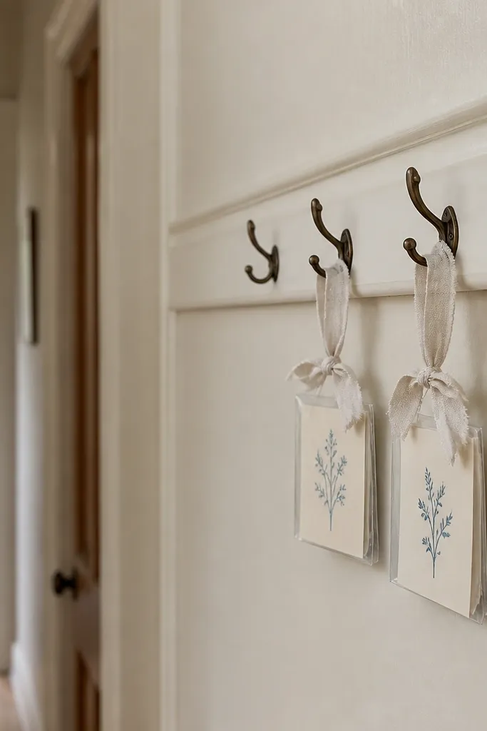 A slim hallway with a coat hook rail. Hanging from two hooks are small clear pouches with fabric ties. Inside each pouch is a mini save-the-date card on cream paper with navy date text.