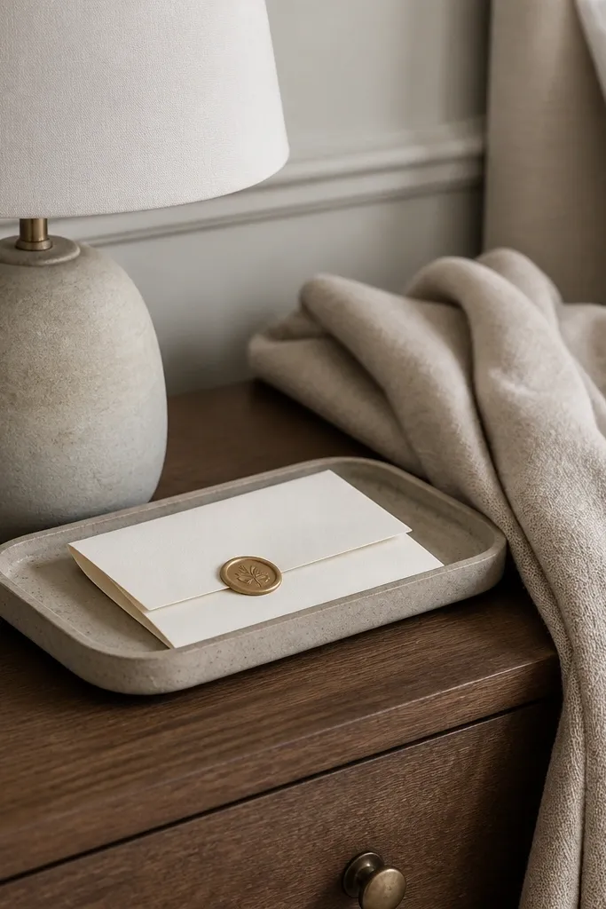 A small nightstand with a lamp, a single tray, and folded save-the-date notes placed beside a linen throw. The notes are cream with a black date line and a small wax-seal sticker on top.