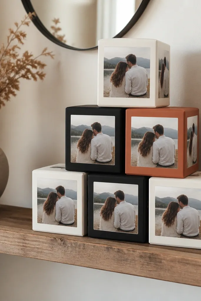 On a narrow entry shelf, small cube boxes are stacked. Each cube face has the same date text and couple photo in a square layout. The cubes are in cream, black, and one accent color.
