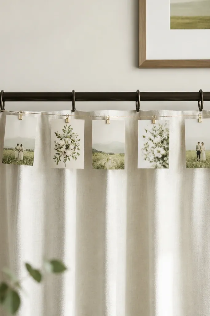 A curtain rod with a thin line of mini clips holding small save-the-date cards. The cards are spaced evenly and hang just above the curtain fold, with a soft sage and cream palette.