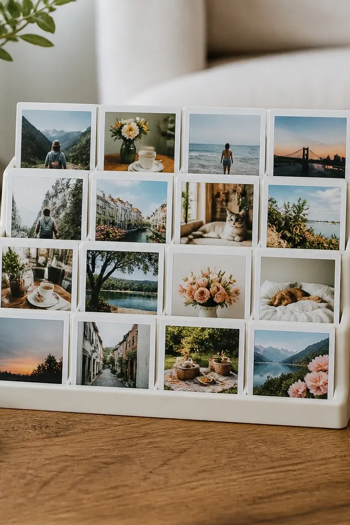 A small plastic shoe organizer laid flat on a coffee table, holding rows of mini photo prints. Each photo has a date label. The organizer creates a grid without needing a wall.