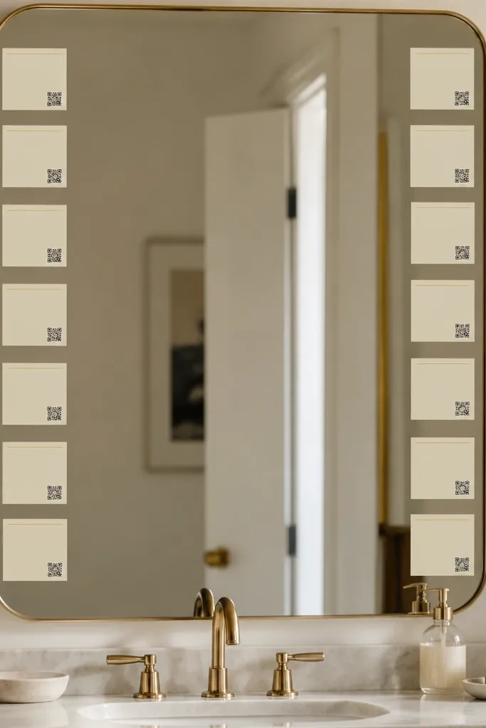 A bathroom mirror with neatly placed small date cards stuck around the edges using removable adhesive. The cards are cream with small foil date lines and a tiny QR code sticker.