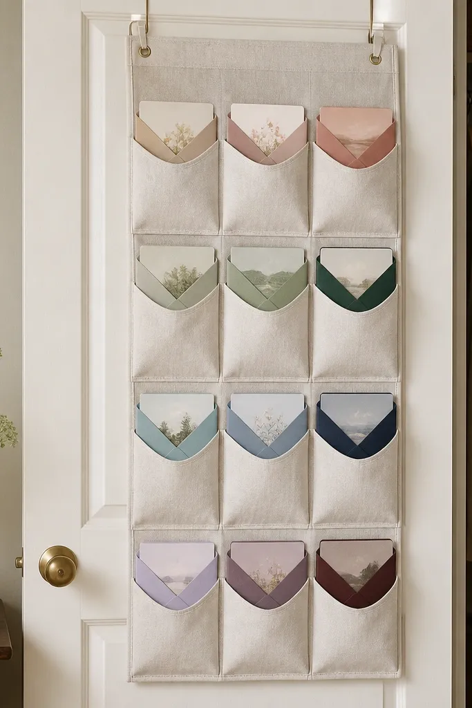 A closet door with a hanging organizer. Several envelopes hang in labeled pockets, each envelope holding a save-the-date card. The envelope labels match the couple's date color scheme.