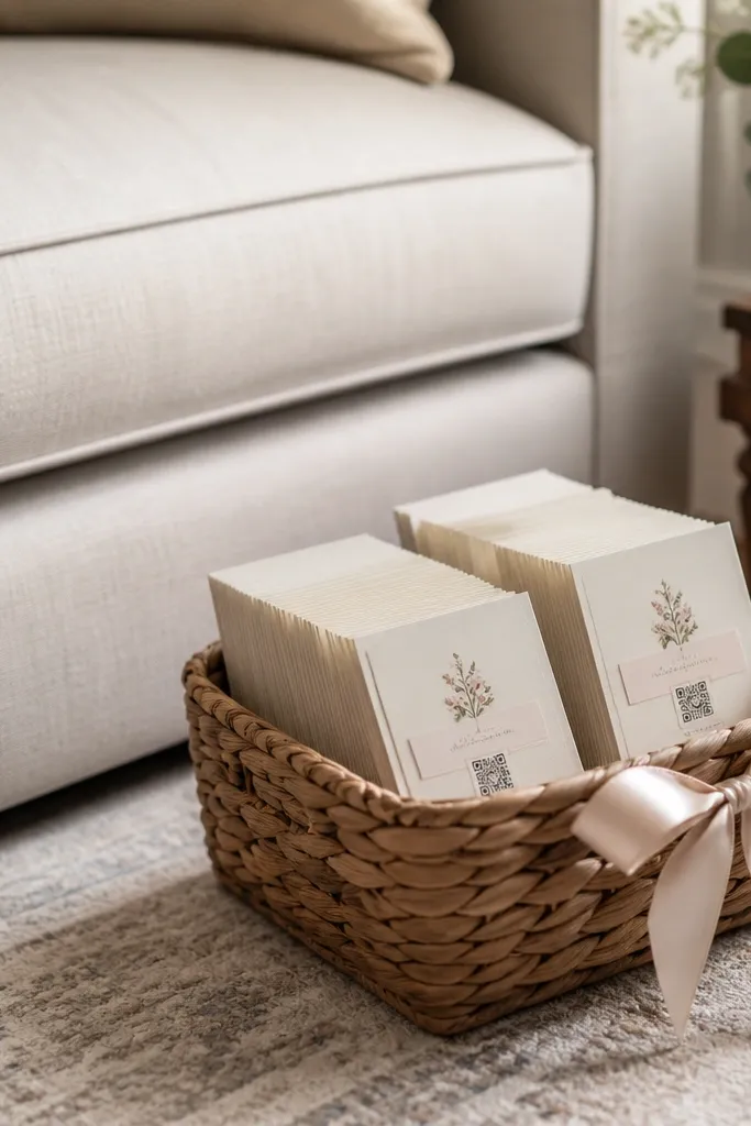 A small ribbon-tied basket on the living room floor near the sofa. Inside are mini save-the-date cards in uniform stacks, each card with a date label and tiny RSVP QR code.