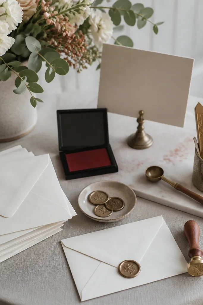 A side table with a small stack of envelopes, a stamp pad, a wax seal kit, and a sign card. Guests can stamp and seal their own save-the-date envelopes.