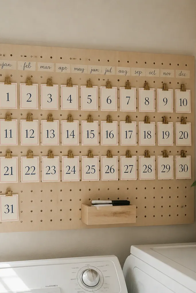 A light wood pegboard mounted in a small laundry room. Tiny numbered date cards clip to brass binder clips along a 10-inch grid. A strip of washi tape labels the months, and a small chalk marker box sits below the cards. The cards are in cream cardstock with navy ink and a thin terracotta border.