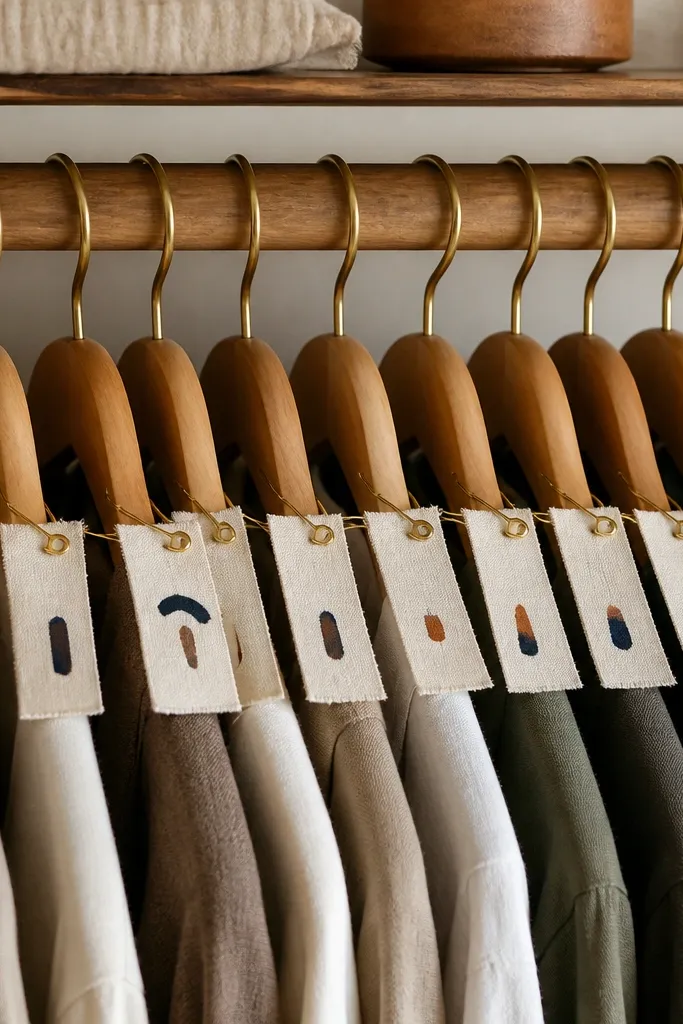 A row of matching wooden hangers in a bedroom closet. Each hanger has a small fabric tag attached with a gold safety pin. The tags are white cotton with navy lettering, and some have a small terracotta dot. The tags hang at the same height, creating a neat line across the closet.