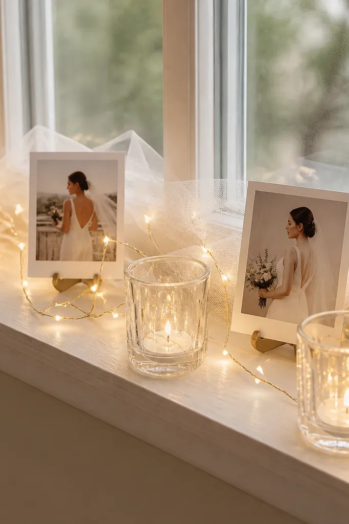 On a narrow window ledge, warm white battery fairy lights wrap around clear glass votives. A strip of ivory tulle is tucked behind the lights, and two small "Bride To Be" photo cards sit on mini stands.