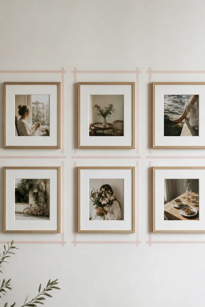 A small gallery grid on a pale wall shows 6 mini frames, each holding a candid photo with a white mat. The frames are aligned around eye level, with thin blush washi tape strips acting like subtle borders.