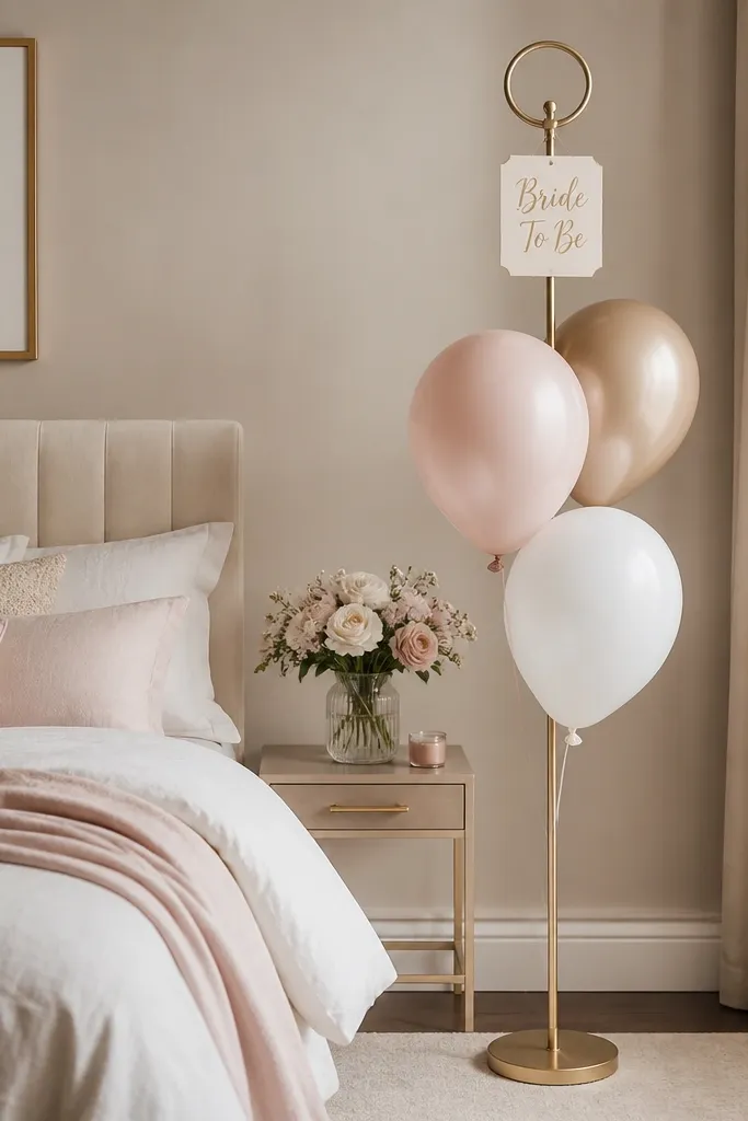 Three latex balloons in blush and white sit on a slim floor stand next to the bed, with one metallic champagne balloon behind them. A small "Bride To Be" sign hangs from the stand's top ring.