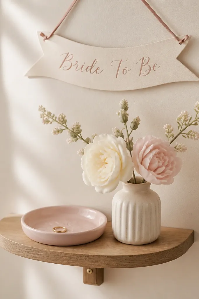 A small wall-mounted wooden shelf holds a ceramic ring dish painted in soft blush. Two faux flower sprigs in cream and pale pink lean outward from a tiny vase. Above, a short ribbon banner reads "Bride To Be" in script.