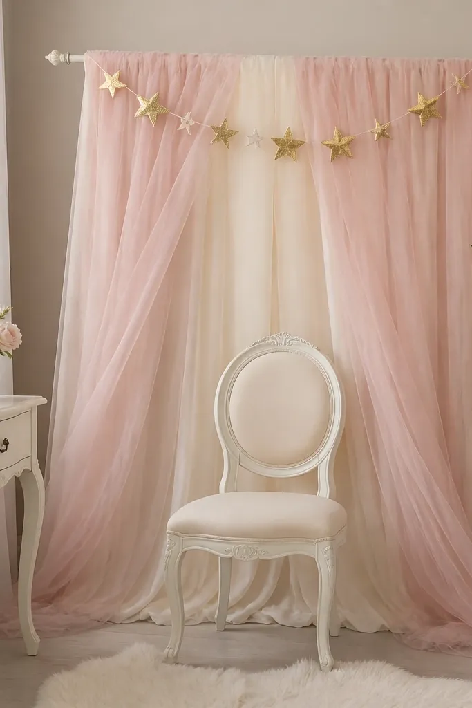 Behind a small vanity chair, a tension rod holds a short backdrop panel. Ivory fabric and a layer of blush tulle hang down, with a small gold star garland pinned at the top.