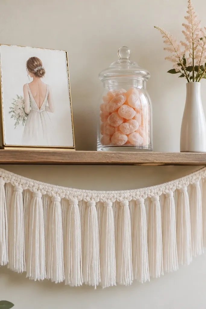 A floating shelf displays a small "Bride To Be" sign, a jar of blush candies, and a slim vase. Below it, a tassel fringe runner in ivory drapes from the shelf underside.