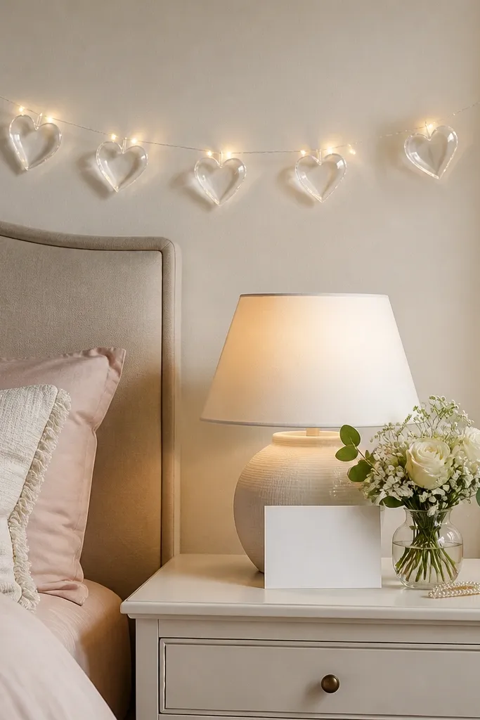 A clear acrylic heart garland hangs above a nightstand, with tiny warm lights threaded through. The hearts are transparent and catch light, and a small "Bride To Be" card rests on the nightstand lamp.