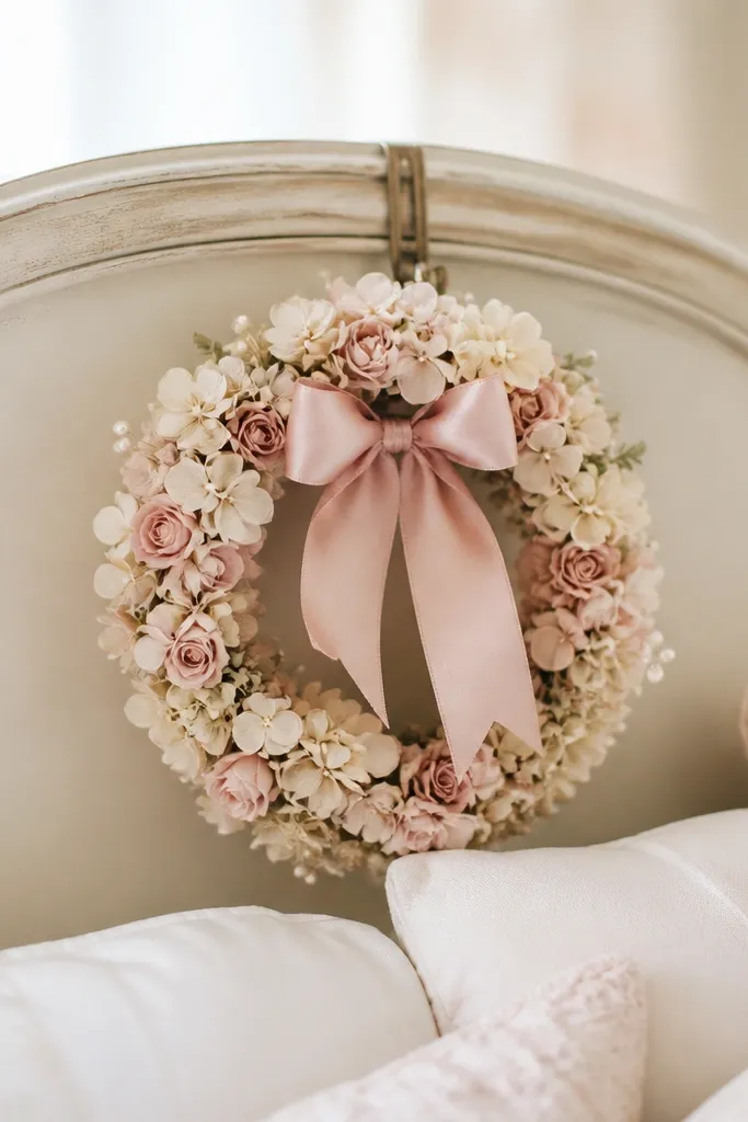 A small blush-and-cream floral wreath is clipped to the headboard. A satin ribbon bow sits in the center of the wreath, and a few tiny white pearl picks are tucked at the edges.