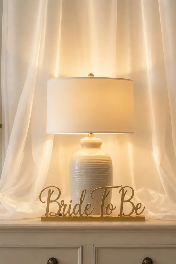 Behind a lamp on a dresser, a sheer organza panel hangs like a curtain. It creates a soft frame of light around the lamp, with a small gold "Bride To Be" sign placed in front.
