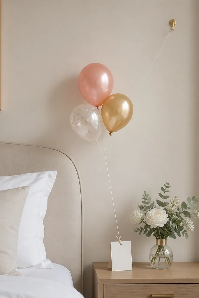 Three small balloons are tied to a clear monofilament line that runs diagonally from a wall hook down to a small "Bride To Be" card. The balloons float slightly above a nightstand.