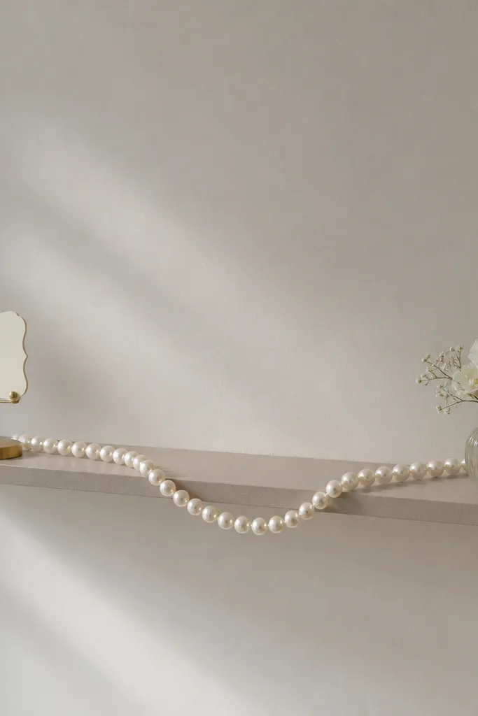 A long floating shelf holds one large pearl garland draped in a soft S curve. At one end sits a small "Bride To Be" sign on a stand, and at the other end a tiny vase with cream flowers.