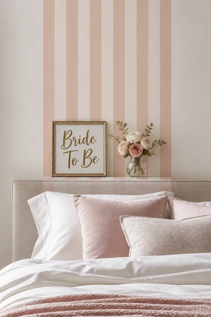 A vertical peel-and-stick stripe in soft cream and blush sits behind the bed, like a narrow photo panel. A "Bride To Be" sign is placed in front, and a tiny vase of flowers sits on a small ledge.