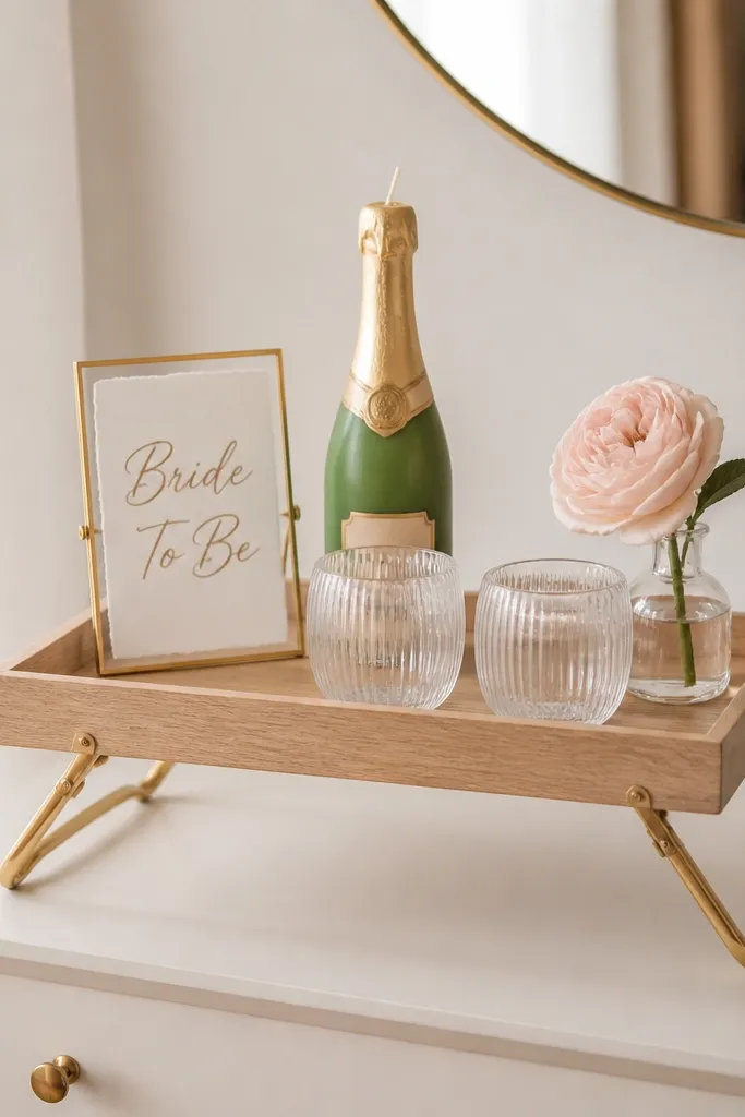A small folding tray acts like a bar cart on a dresser. It holds a mini "Bride To Be" sign, a champagne bottle-shaped candle, two clear cups, and one blush flower in a bud vase. Everything fits within the tray edges.