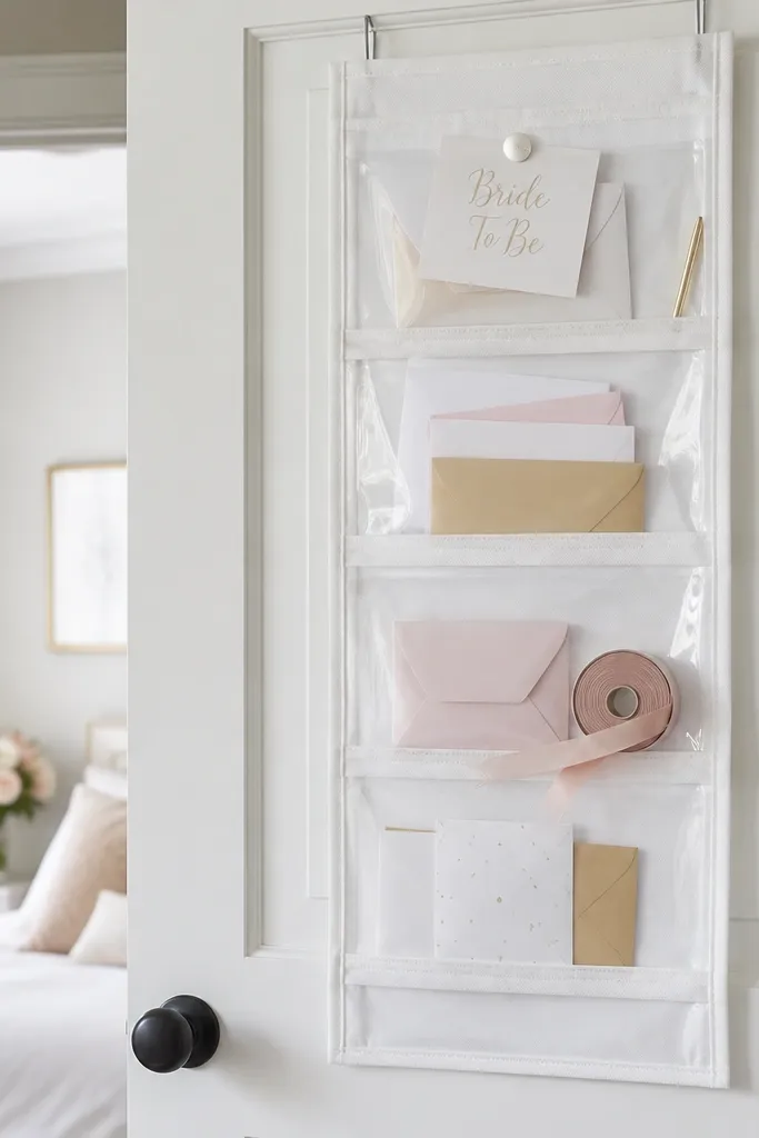 A clear-front fabric hanging organizer hangs on the back of a door. The pockets hold small envelopes, a ribbon roll, and a "Bride To Be" card pinned on the top pocket. The organizer is white and blends with the door.
