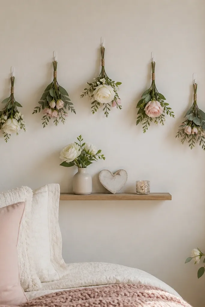 On a blank wall near the bed, five mini faux floral bud sprays hang from command hooks. They are spaced like a gentle arc above a small "Bride To Be" sign on a shelf.