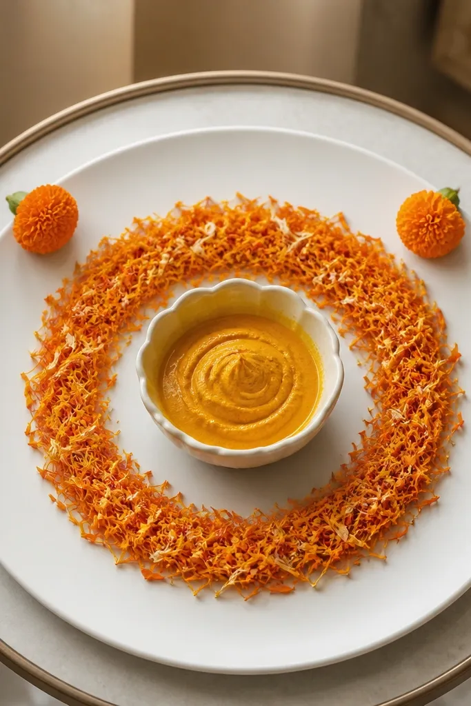 A white round charger plate on a small table, with a turmeric-colored haldi bowl centered. A neat ring of orange marigold petals circles the bowl, and tiny scattered petals fill only the ring area. Two small marigold buds sit at the 2 and 10 o'clock edges of the charger.