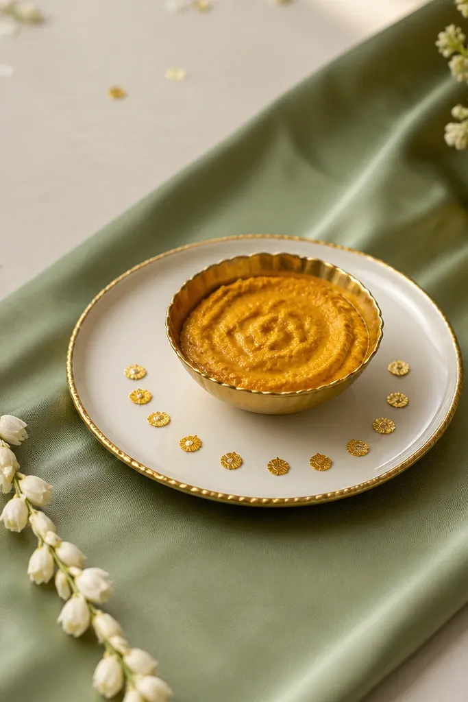 A sage green satin runner drapes neatly under a small haldi plate. The haldi bowl sits centered on a gold-rimmed plate, and tiny gold foil dot stickers are placed in a loose arc around the bowl. A single faux jasmine strand lies along the runner edge.