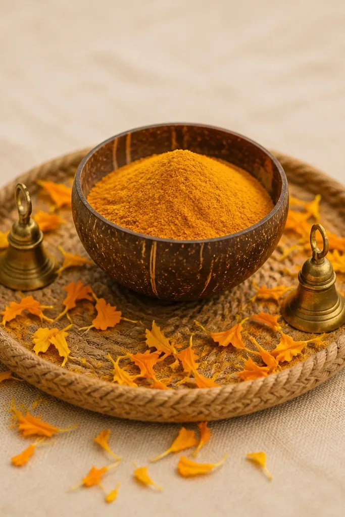 A coconut shell bowl filled with haldi sits on a small round tray wrapped with brown jute. Around it, there are scattered marigold petals and two tiny brass bells on opposite sides. The tray sits on a plain beige tablecloth.
