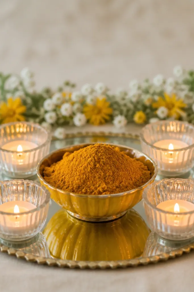 A haldi bowl centered on a small mirrored tray. Around it, four glass tea-light cups are placed like a halo - two in front and two behind. The cups glow softly, and a thin garland line sits behind the bowl.