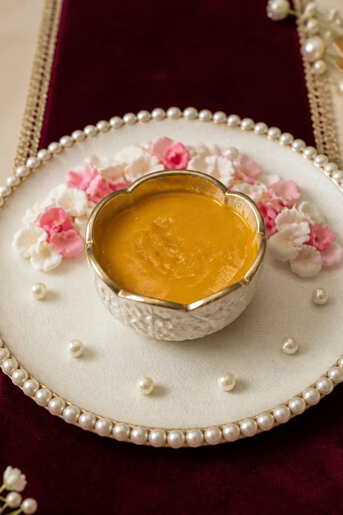 A maroon velvet strip runs under a pearl-edged plate. The haldi bowl is centered, and a few white pearls are dotted around the rim of the plate. Small faux rose petals sit in a tidy crescent behind the bowl.