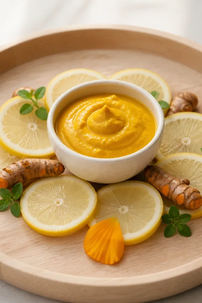 A haldi bowl sits on a light wood tray. Around it is a ring of thin lemon slices and a few turmeric roots laid flat like a border. Tiny green herb leaves are tucked between the slices, and a single marigold petal sits at the front.