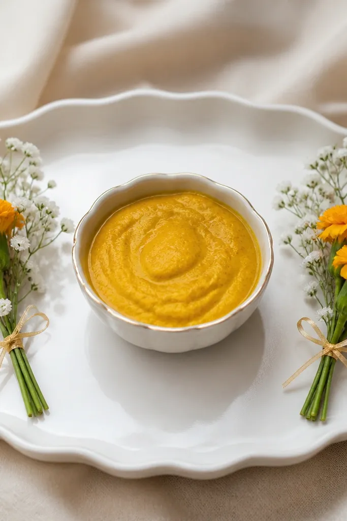 A haldi bowl centered on a white tray. On the left and right edges, there are two tiny micro bouquets made from marigold buds and baby's breath stems tied with thin ribbon. The bouquets lean slightly inward.