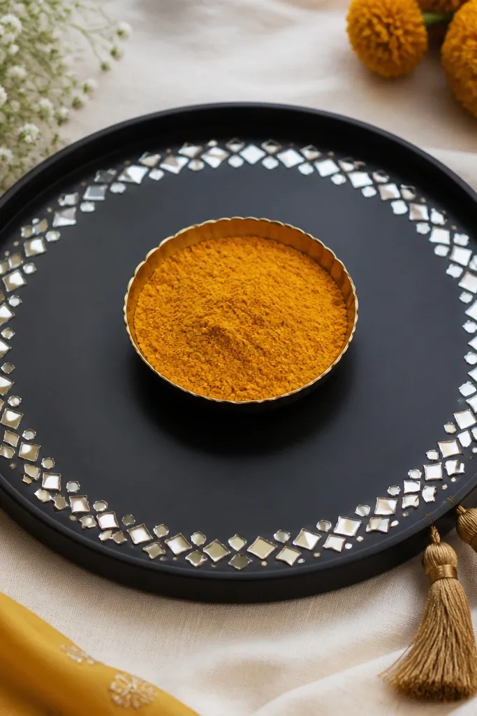 A black tray holds the haldi bowl at the center. Around the bowl is a border made from small mirror-work pieces arranged in a repeating pattern. Two gold jute tassels hang slightly from the tray edge.