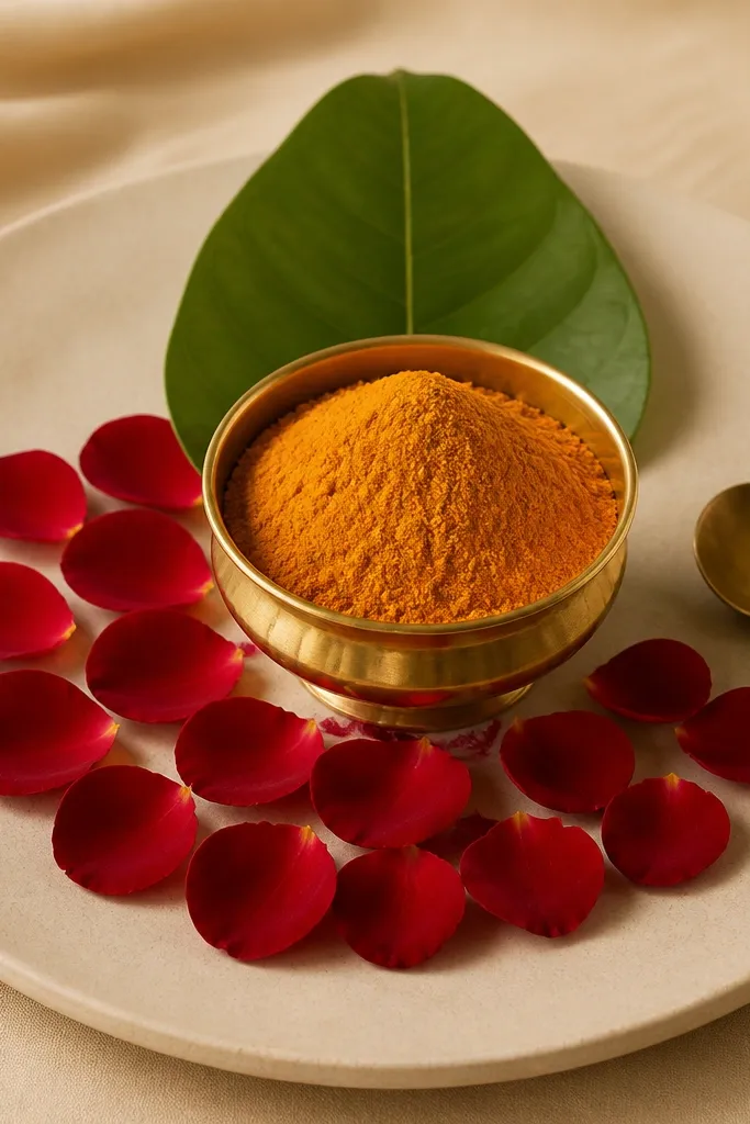 A brass bowl filled with haldi sits on a cream charger. Red rose petals are scattered in a controlled fan shape around the bowl, and a small brass spoon lies to one side. A single green leaf sits behind the bowl like a backdrop.
