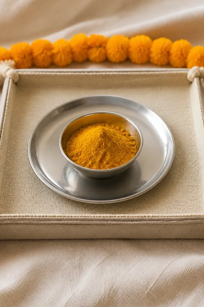 A haldi tray sits on khadi cotton cloth. At the four tray corners, small tassels made from beige thread are tied, and the haldi bowl is centered on a simple steel plate. A thin marigold line runs along the back edge of the tray.
