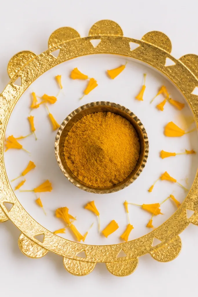 A haldi bowl sits in the center of a small gold foil circle frame. The foil circle looks like a tambourine pattern with small cutouts. The frame is placed on a plain white base, and a few marigold petals are scattered inside the circle only.