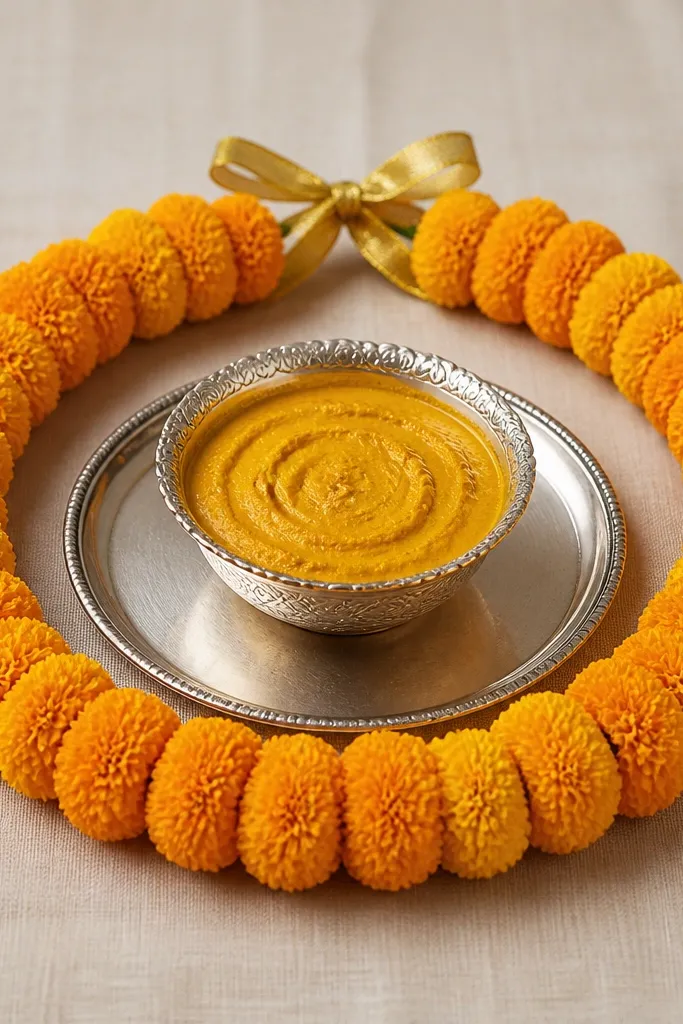 A long marigold garland looped in a circle around a haldi bowl. The garland is arranged in one clean loop with even spacing, and the ends are tied with a small gold ribbon at the back. The bowl sits on a simple silver plate.