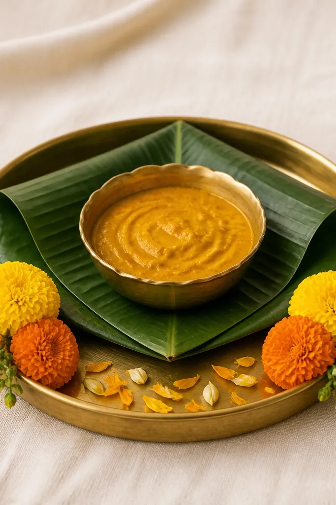 A banana leaf is folded into a shallow base under a haldi bowl on a small tray. Two marigold corner clusters sit at the front left and front right edges, with a few petals scattered between. The background is a simple cream cloth.