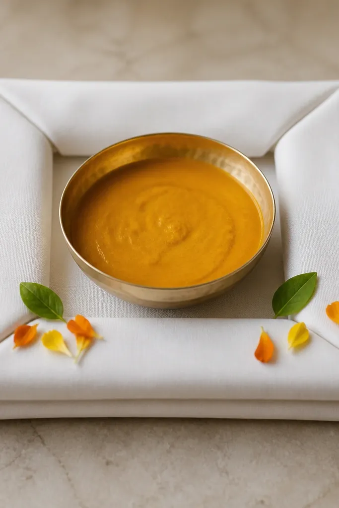 A haldi plate sits on a folded white linen napkin shaped like a square frame. The napkin has sharp folds and crisp corners. The haldi bowl is centered, and only a few green leaves and marigold petals decorate the front edges.