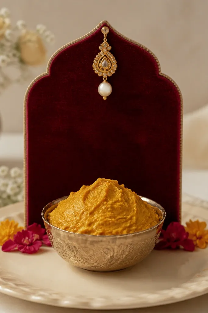 A haldi bowl centered on a cream plate. Behind it, a small maroon velvet arch is pinned upright like a mini backdrop. One pearl drop ornament hangs at the center above the bowl, and tiny petals sit at the base.