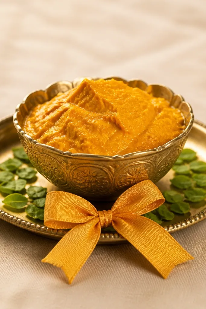 A haldi bowl centered on a small tray. A ribbon bow in turmeric-gold color is tied at the front of the tray, with a few green leaf confetti pieces scattered around the bowl base. The background is a plain beige cloth.