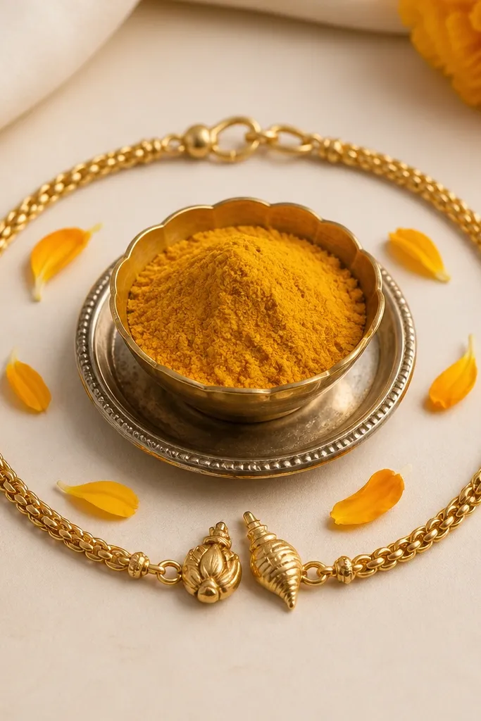 A haldi bowl on a small silver plate. Around it is a loop made from a gold bracelet chain laid in a circle like a frame. A few marigold petals are placed inside the chain circle, and two small gold charms rest near the front.