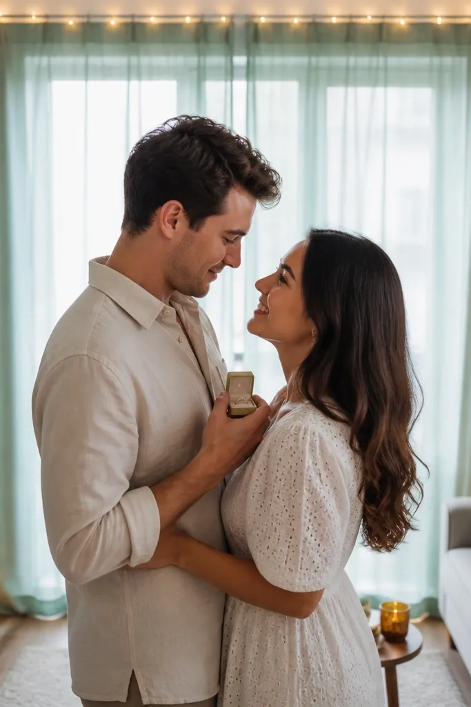 A small apartment living room with a window centered in frame. Behind the couple is a sheer sea-glass green curtain panel, softly lit with warm string lights along the window frame. The couple wears cream linen shirts and a white eyelet dress, with a champagne-gold ring box held near the chest.